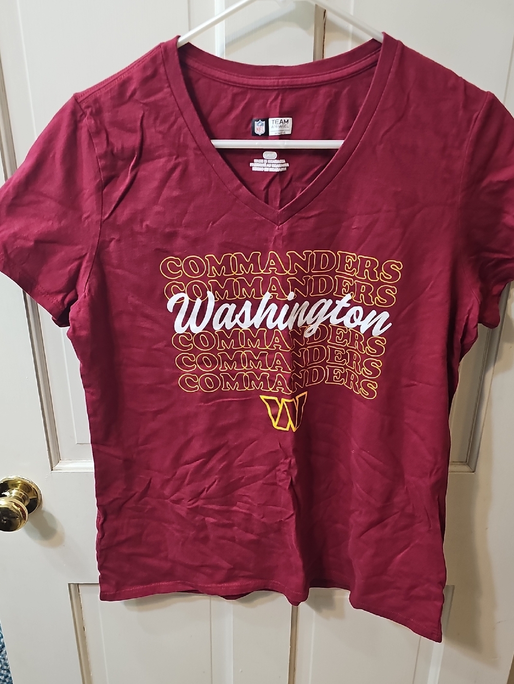 NFL Washington Commanders Women’s V-Neck Tee - Burgundy, White, Gold